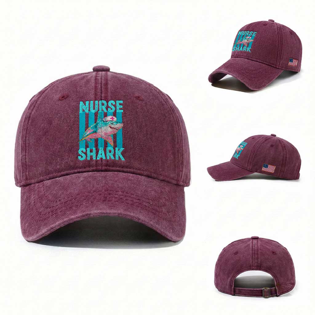Funny Nurse Shark Washed Cotton Baseball Cap Medical Worker Appreciation Gift TS12 Washed Cap Universal Fit Burgundy Print Your Wear