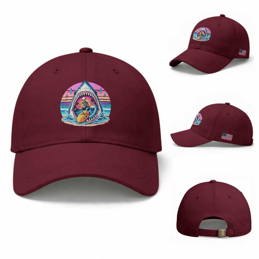 Shark Skeleton Surfer Baseball Cap Hawaiian Beach Vacation Gift TS12 Baseball Cap Universal Fit Maroon Print Your Wear