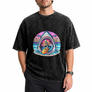 Shark Skeleton Surfer Washed Cotton T-Shirt Hawaiian Beach Vacation Gift