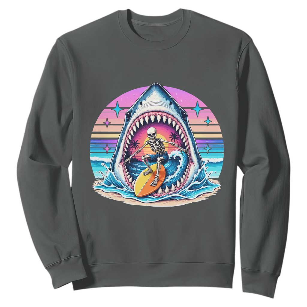 Shark Skeleton Surfer Sweatshirt Hawaiian Beach Vacation Gift TS12 Dark Heather Print Your Wear