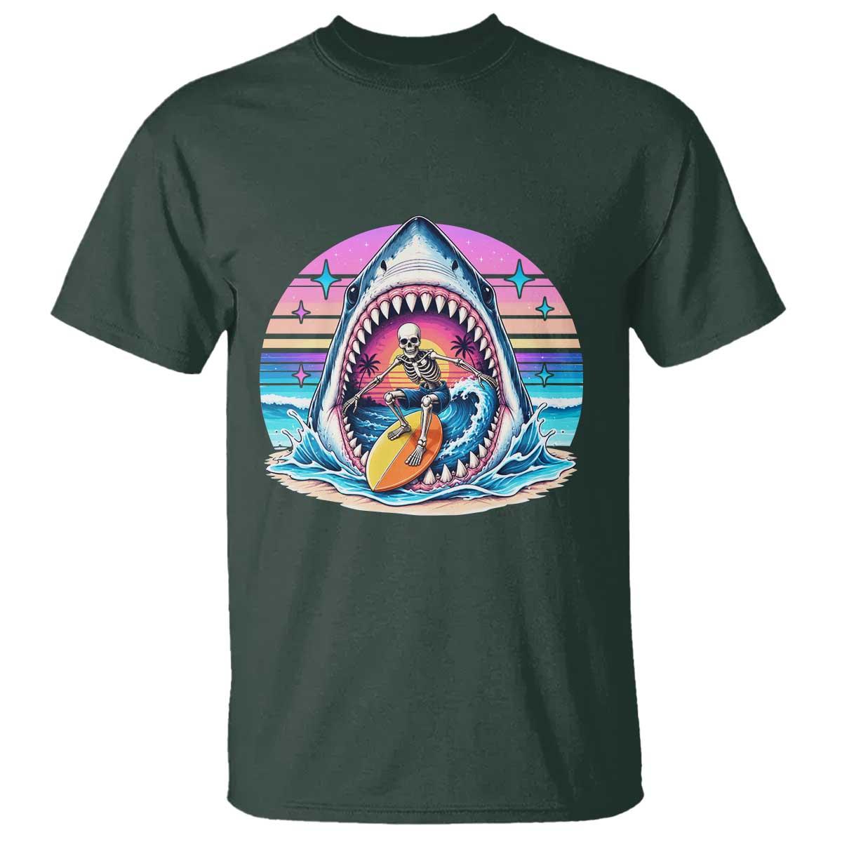 Shark Skeleton Surfer T Shirt Hawaiian Beach Vacation Gift TS12 Dark Forest Green Print Your Wear