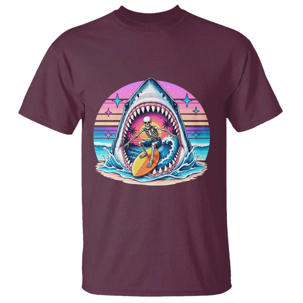 Shark Skeleton Surfer T Shirt Hawaiian Beach Vacation Gift TS12 Maroon Print Your Wear