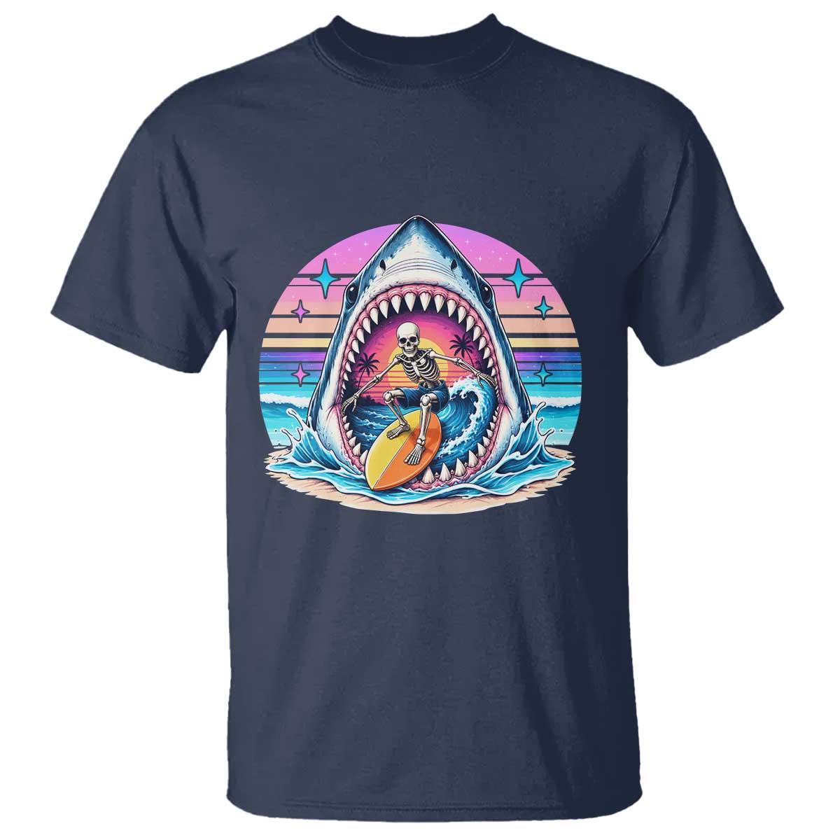 Shark Skeleton Surfer T Shirt Hawaiian Beach Vacation Gift TS12 Navy Print Your Wear