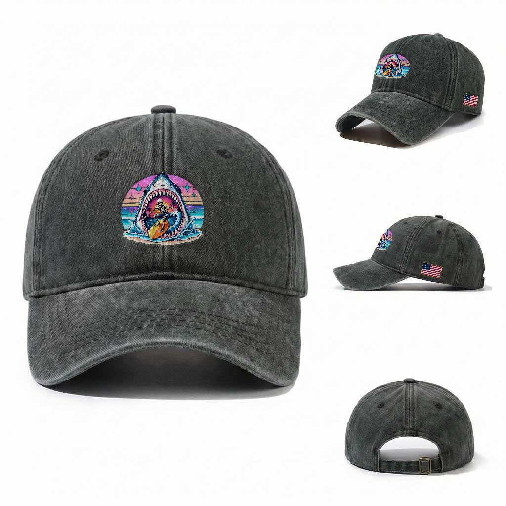 Shark Skeleton Surfer Washed Cotton Baseball Cap Hawaiian Beach Vacation Gift TS12 Washed Cap Universal Fit Dark Green Print Your Wear