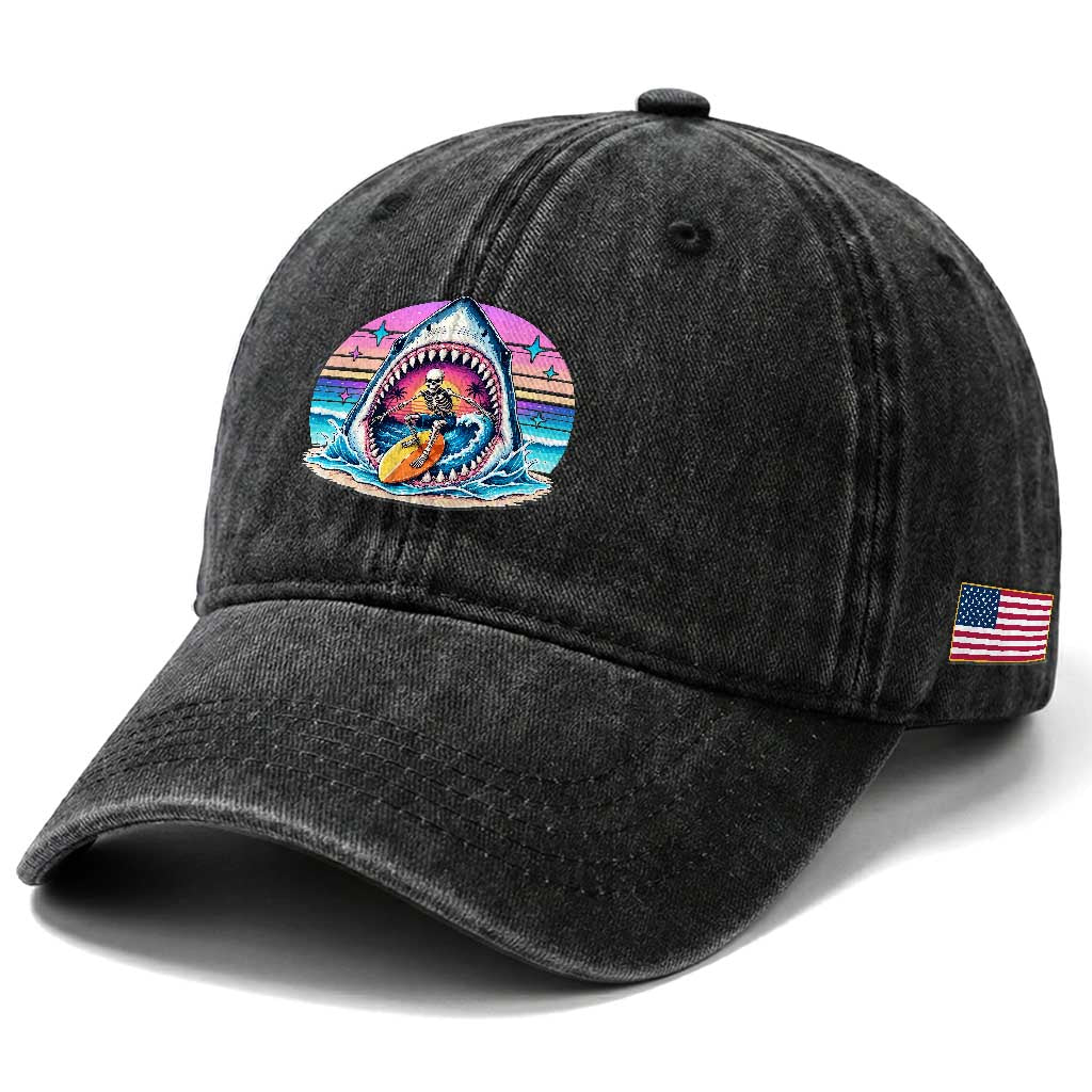 Shark Skeleton Surfer Washed Cotton Baseball Cap Hawaiian Beach Vacation Gift TS12 Print Your Wear