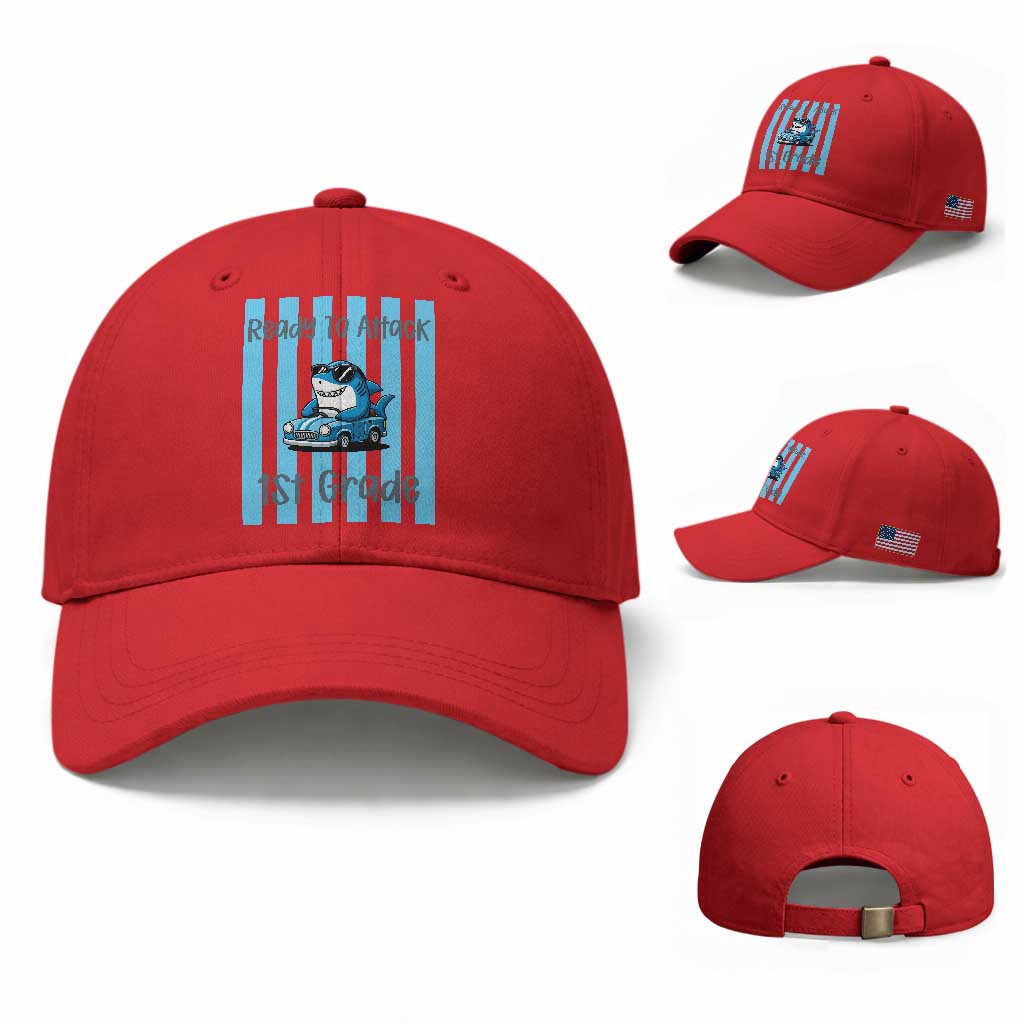 Ready To Attack 1st Grade Baseball Cap Funny Shark Driving Car Back To School TS12 Baseball Cap Universal Fit Red Print Your Wear