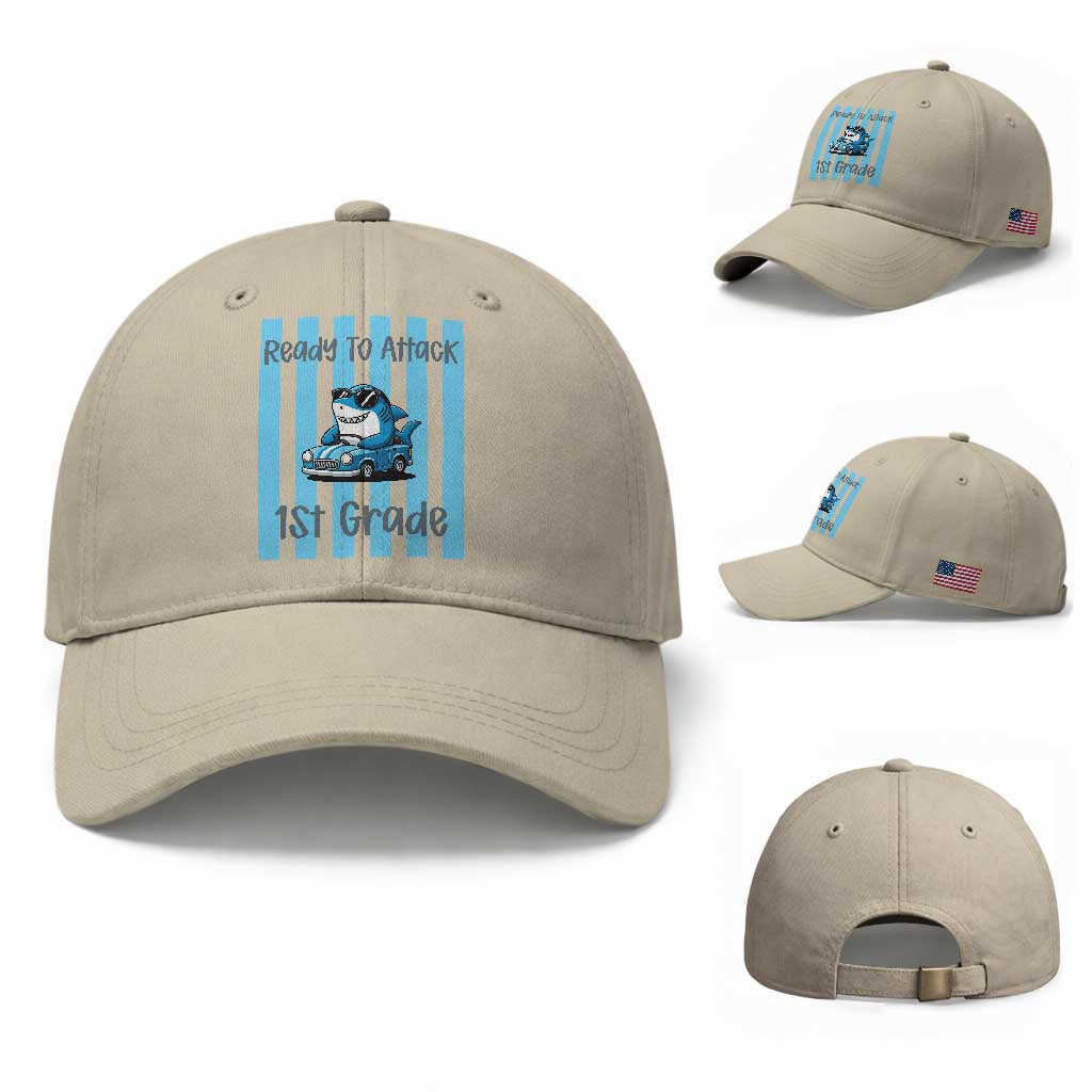 Ready To Attack 1st Grade Baseball Cap Funny Shark Driving Car Back To School TS12 Baseball Cap Universal Fit Beige Print Your Wear