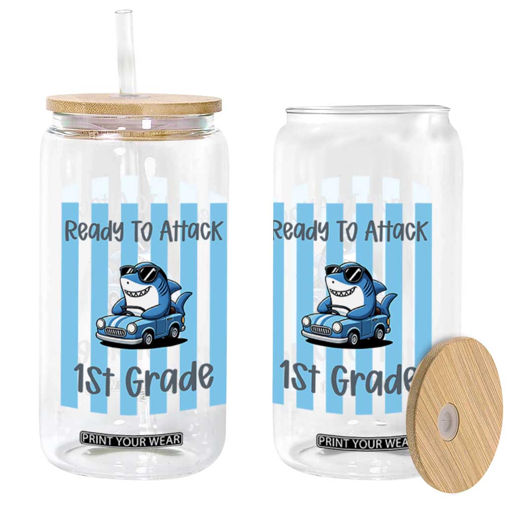 Ready To Attack 1st Grade Glass Can Funny Shark Driving Car Back To School TS12 Print Your Wear