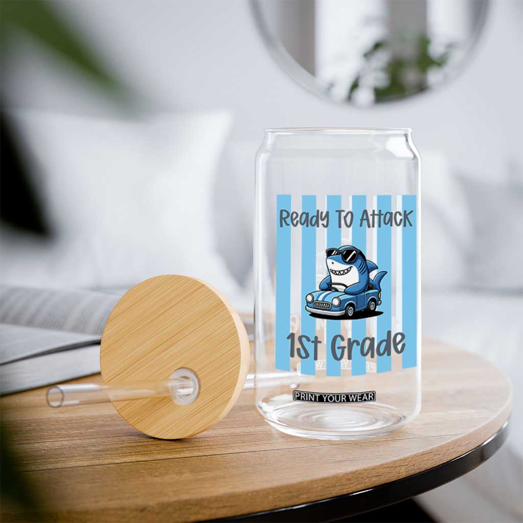 Ready To Attack 1st Grade Glass Can Funny Shark Driving Car Back To School TS12 Print Your Wear