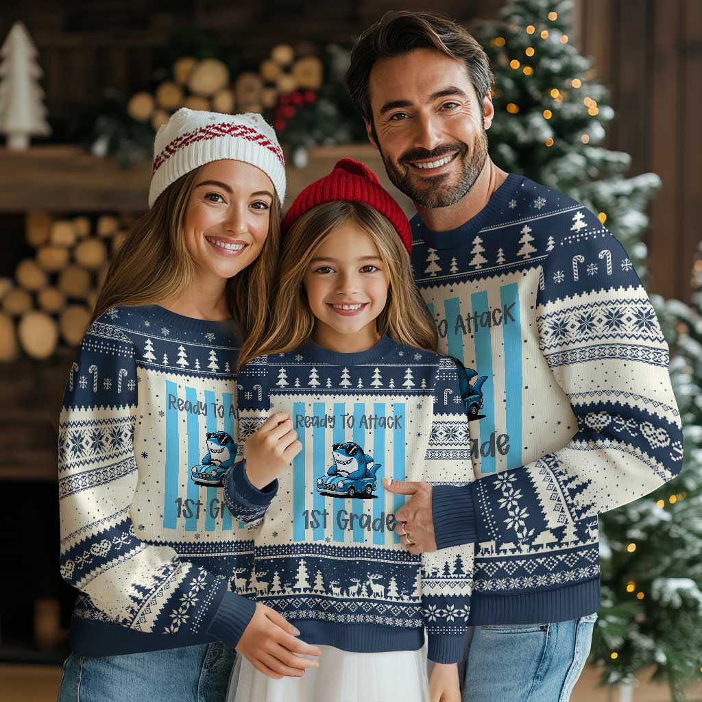 Ready To Attack 1st Grade Ugly Christmas Sweater Funny Shark Driving Car Back To School TS12 Beige Navy Print Your Wear