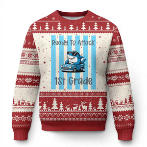 Ready To Attack 1st Grade Ugly Christmas Sweater Funny Shark Driving Car Back To School TS12 Beige Red Print Your Wear