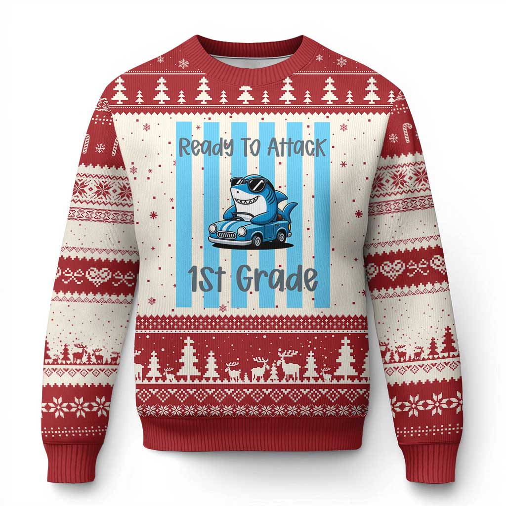 Ready To Attack 1st Grade Ugly Christmas Sweater Funny Shark Driving Car Back To School TS12 Beige Red Print Your Wear