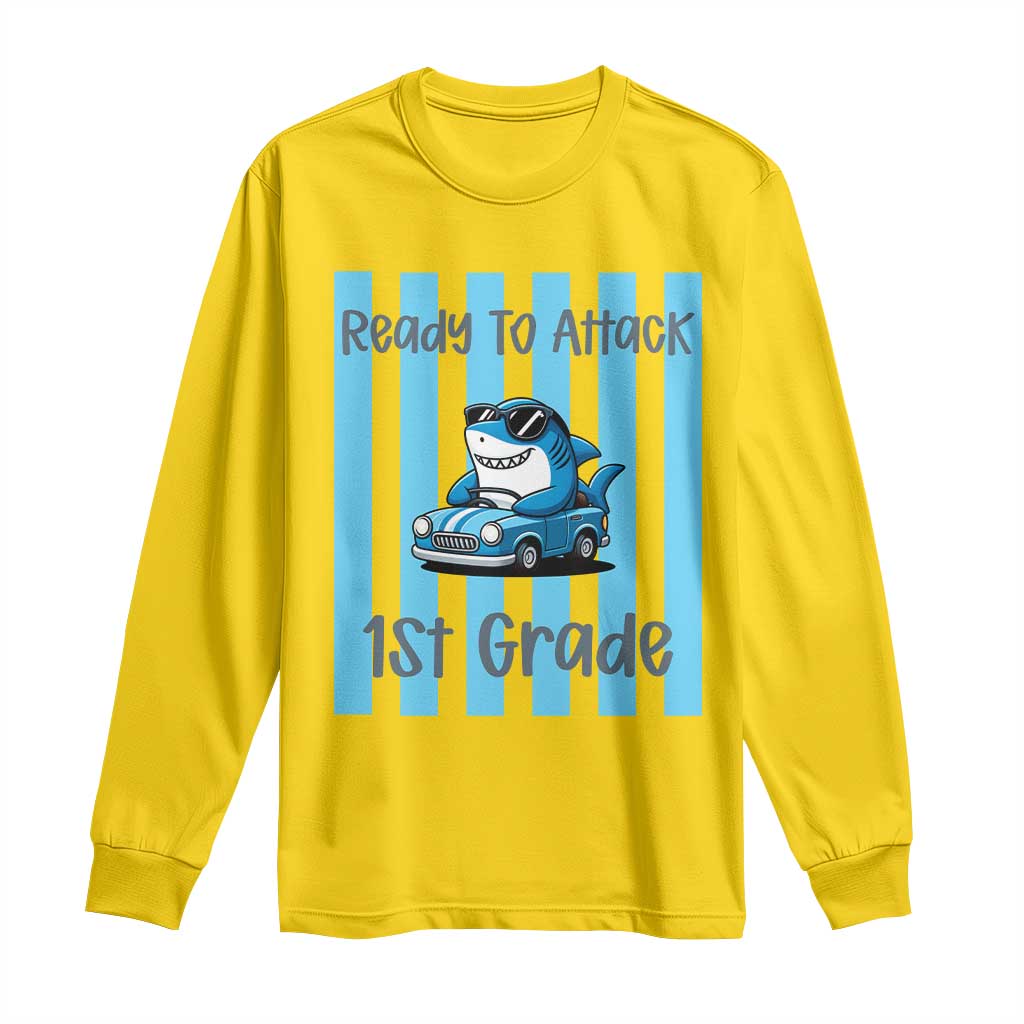 Ready To Attack 1st Grade Long Sleeve Shirt Funny Shark Driving Car Back To School TS12 Daisy Print Your Wear