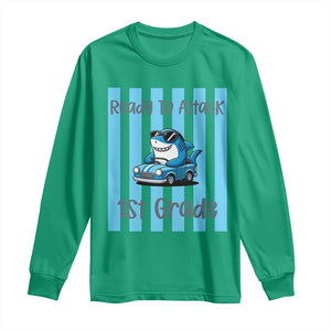 Ready To Attack 1st Grade Long Sleeve Shirt Funny Shark Driving Car Back To School TS12 Irish Green Print Your Wear