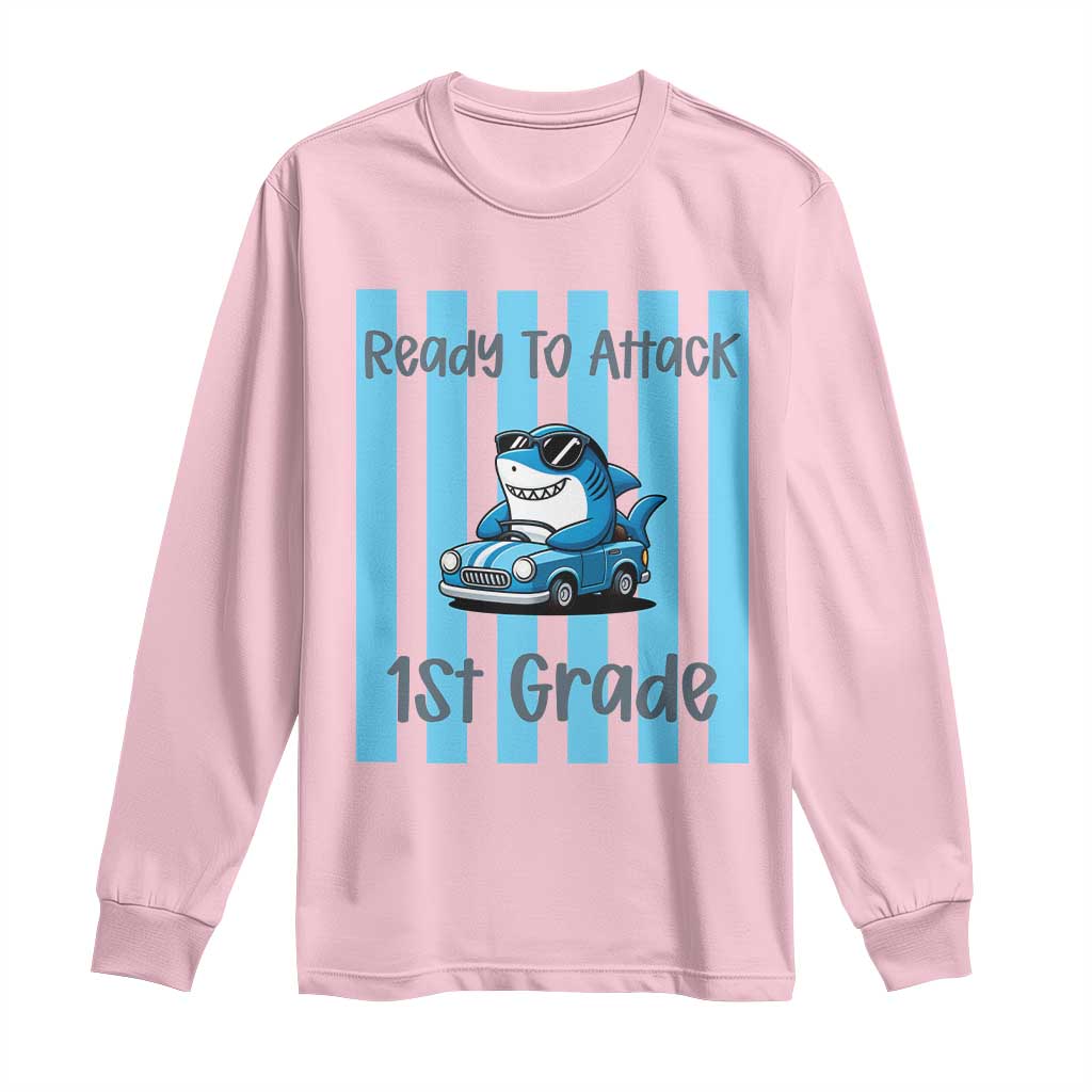 Ready To Attack 1st Grade Long Sleeve Shirt Funny Shark Driving Car Back To School TS12 Light Pink Print Your Wear