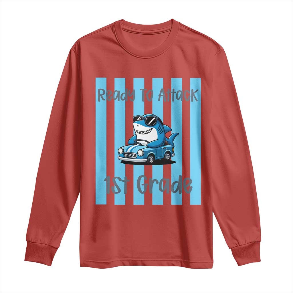 Ready To Attack 1st Grade Long Sleeve Shirt Funny Shark Driving Car Back To School TS12 Red Print Your Wear