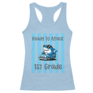 Ready To Attack 1st Grade Racerback Tank Top Funny Shark Driving Car Back To School TS12 Light Blue Print Your Wear