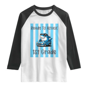 Ready To Attack 1st Grade Raglan Shirt Funny Shark Driving Car Back To School TS12 White Black Print Your Wear