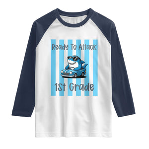 Ready To Attack 1st Grade Raglan Shirt Funny Shark Driving Car Back To School TS12 White Navy Print Your Wear