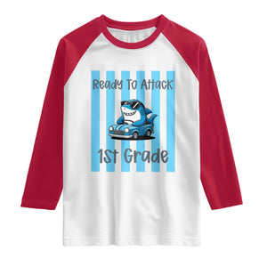Ready To Attack 1st Grade Raglan Shirt Funny Shark Driving Car Back To School TS12 White Red Print Your Wear