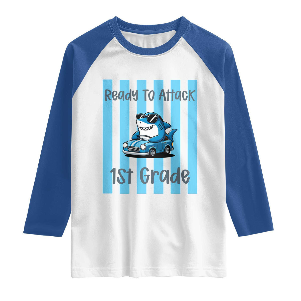 Ready To Attack 1st Grade Raglan Shirt Funny Shark Driving Car Back To School TS12 White Royal Print Your Wear
