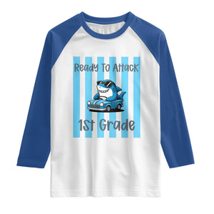 Ready To Attack 1st Grade Raglan Shirt Funny Shark Driving Car Back To School TS12 White Royal Print Your Wear