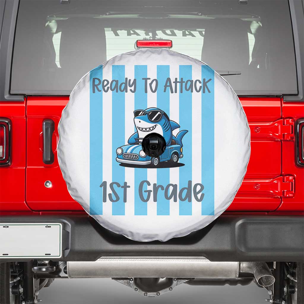 Ready To Attack 1st Grade Spare Tire Cover Funny Shark Driving Car Back To School TS12 White Print Your Wear