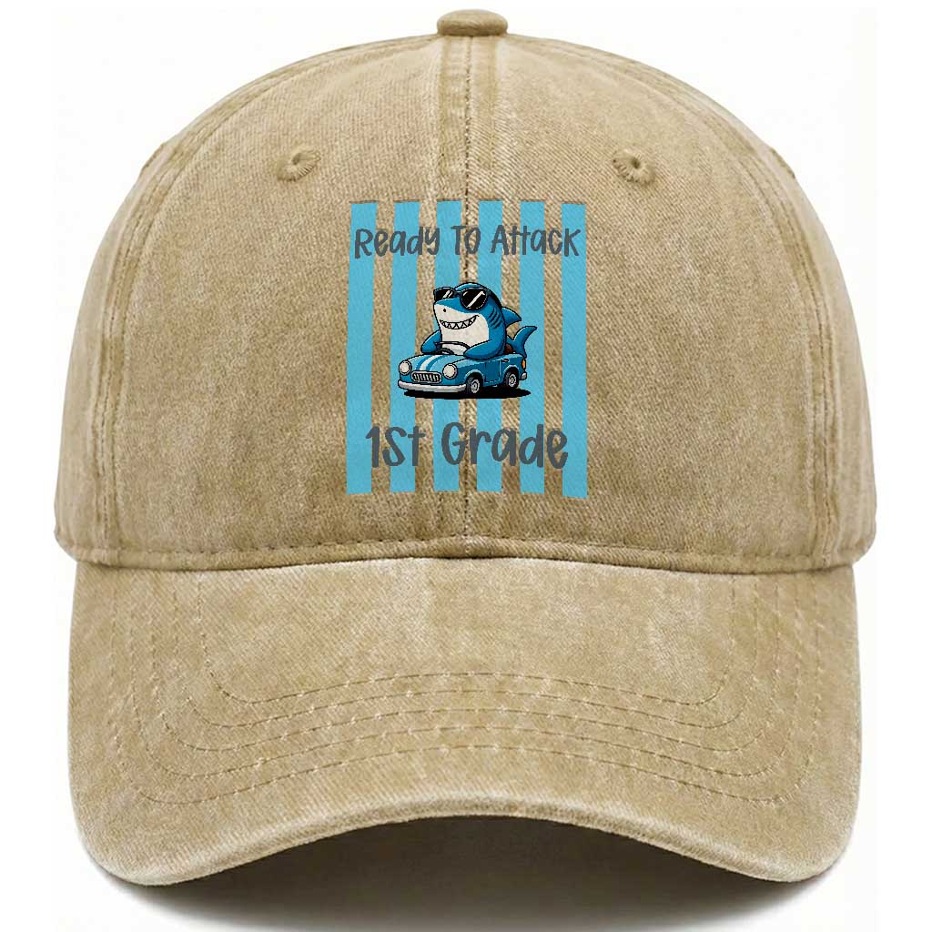 Ready To Attack 1st Grade Washed Cotton Baseball Cap Funny Shark Driving Car Back To School TS12 Print Your Wear