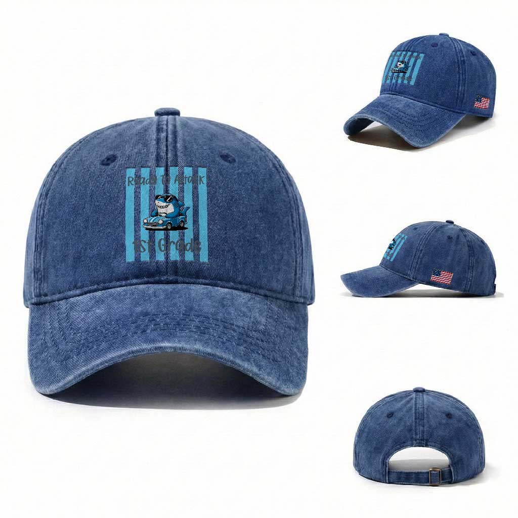 Ready To Attack 1st Grade Washed Cotton Baseball Cap Funny Shark Driving Car Back To School TS12 Washed Cap Universal Fit Royal Blue Print Your Wear