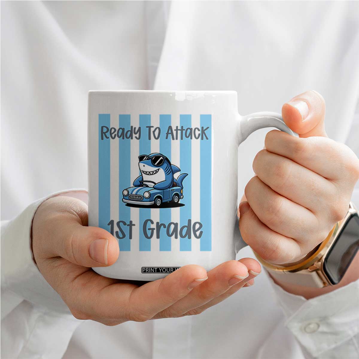 Ready To Attack 1st Grade Coffee Mug Funny Shark Driving Car Back To School TS12 Print Your Wear