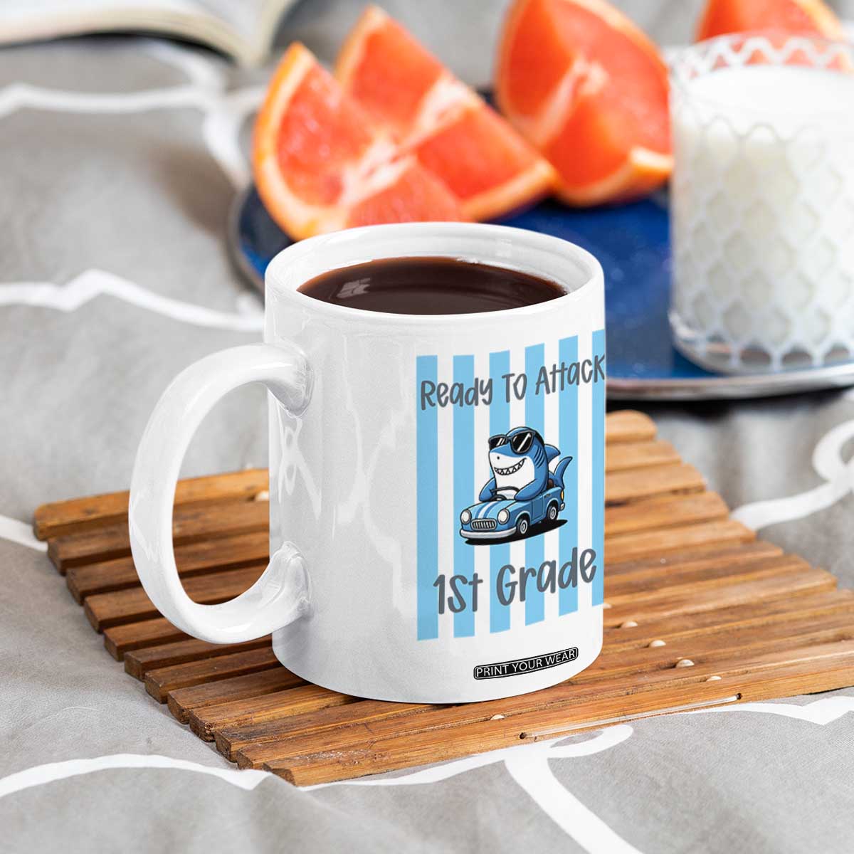 Ready To Attack 1st Grade Coffee Mug Funny Shark Driving Car Back To School TS12 Print Your Wear