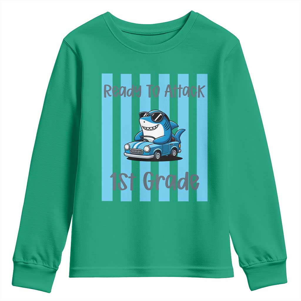Ready To Attack 1st Grade Youth Sweatshirt Funny Shark Driving Car Back To School TS12 Irish Green Print Your Wear