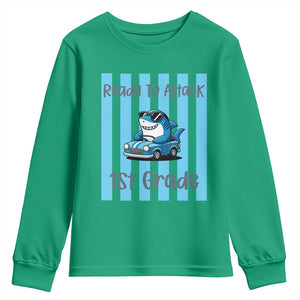 Ready To Attack 1st Grade Youth Sweatshirt Funny Shark Driving Car Back To School TS12 Irish Green Print Your Wear