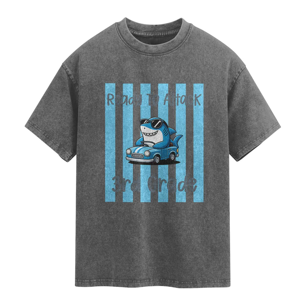 Ready To Attack 3rd Grade Washed Cotton T-Shirt Funny Shark Driving Car Back To School