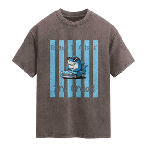 Ready To Attack 3rd Grade Washed Cotton T-Shirt Funny Shark Driving Car Back To School