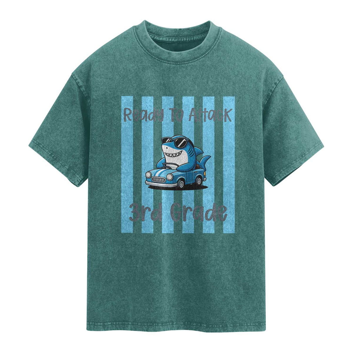 Ready To Attack 3rd Grade Washed Cotton T-Shirt Funny Shark Driving Car Back To School