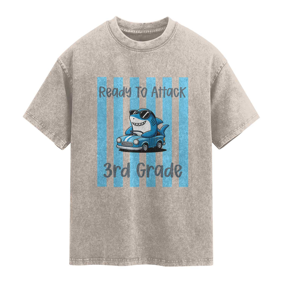 Ready To Attack 3rd Grade Washed Cotton T-Shirt Funny Shark Driving Car Back To School