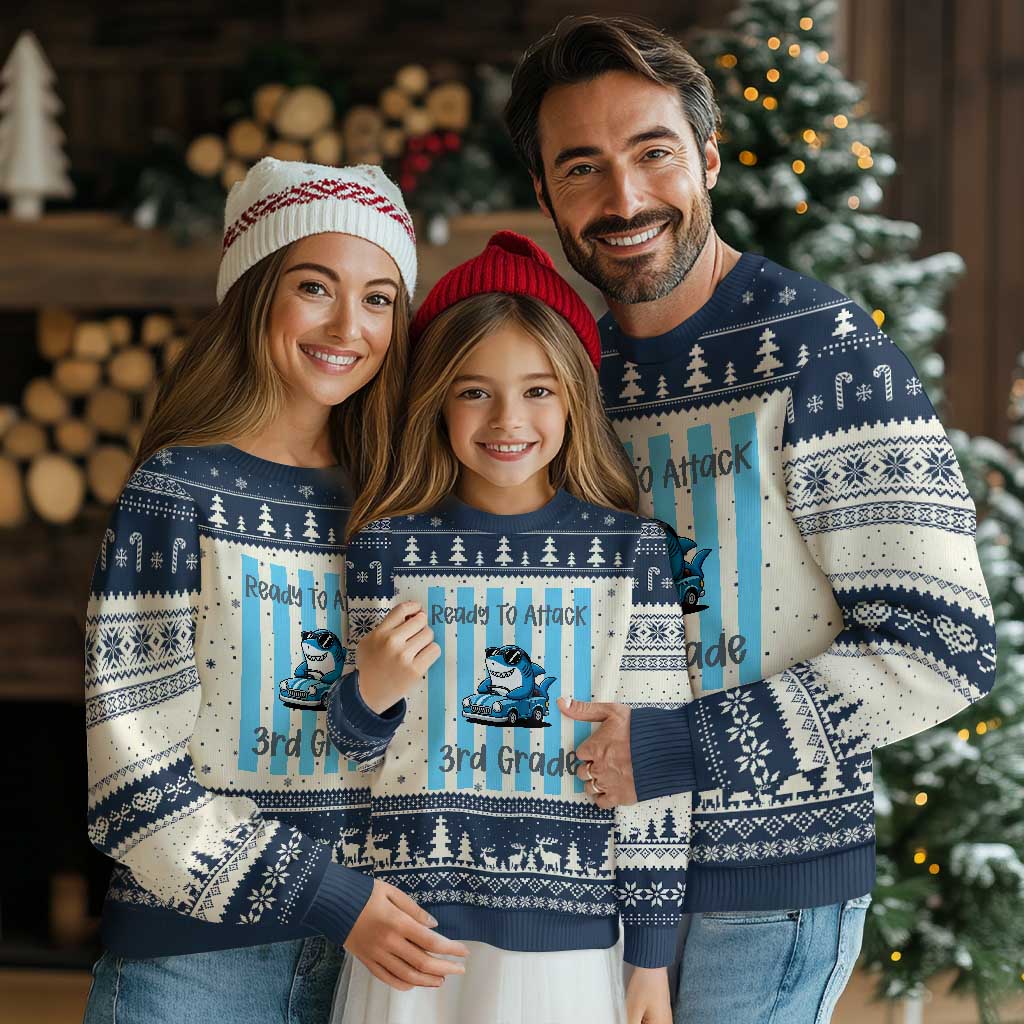 Ready To Attack 3rd Grade Ugly Christmas Sweater Funny Shark Driving Car Back To School TS12 Beige Navy Print Your Wear