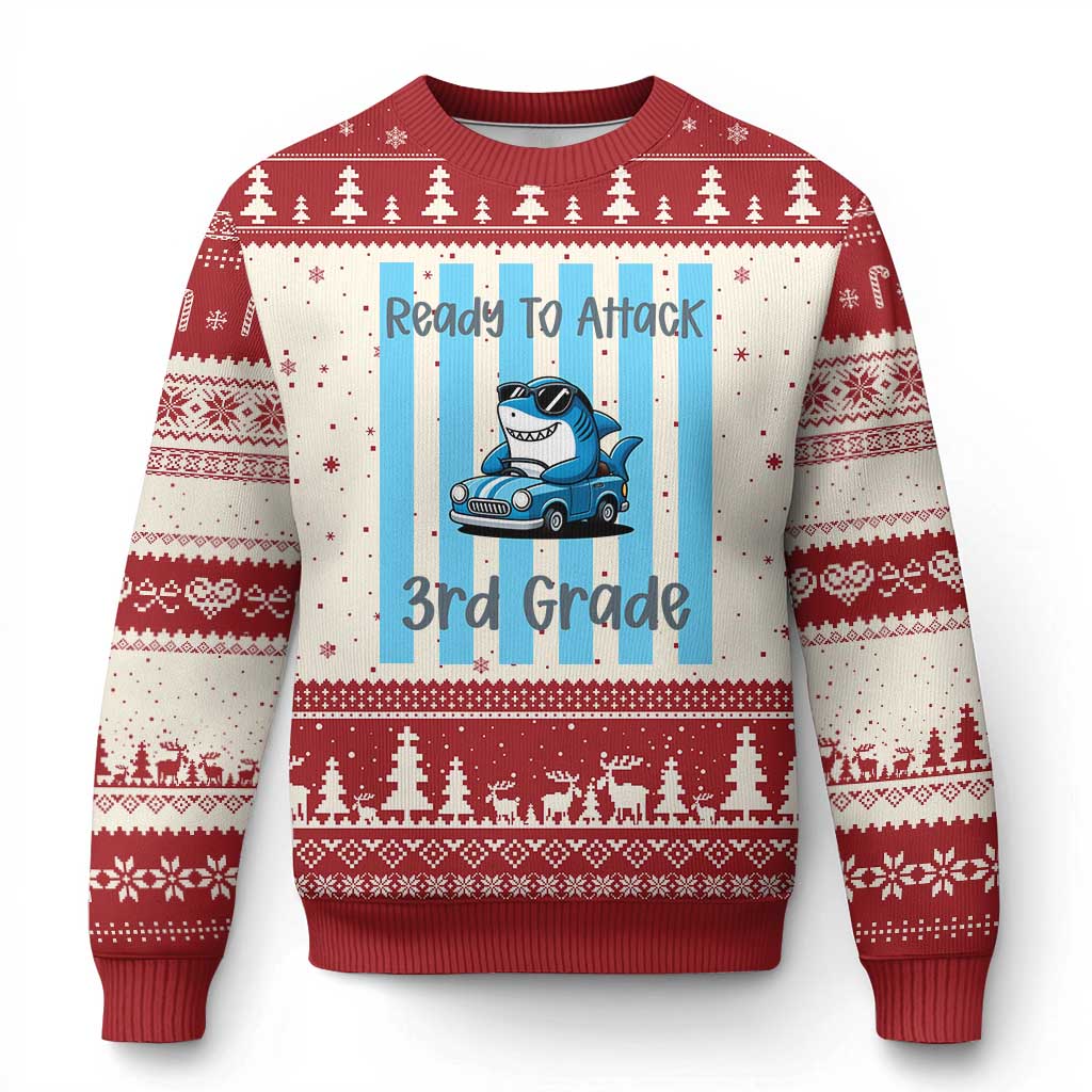 Ready To Attack 3rd Grade Ugly Christmas Sweater Funny Shark Driving Car Back To School TS12 Beige Red Print Your Wear
