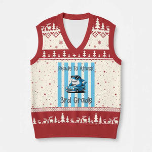 Ready To Attack 3rd Grade V-Neck Knit Sweater Vest Funny Shark Driving Car Back To School TS12 Beige Red Print Your Wear
