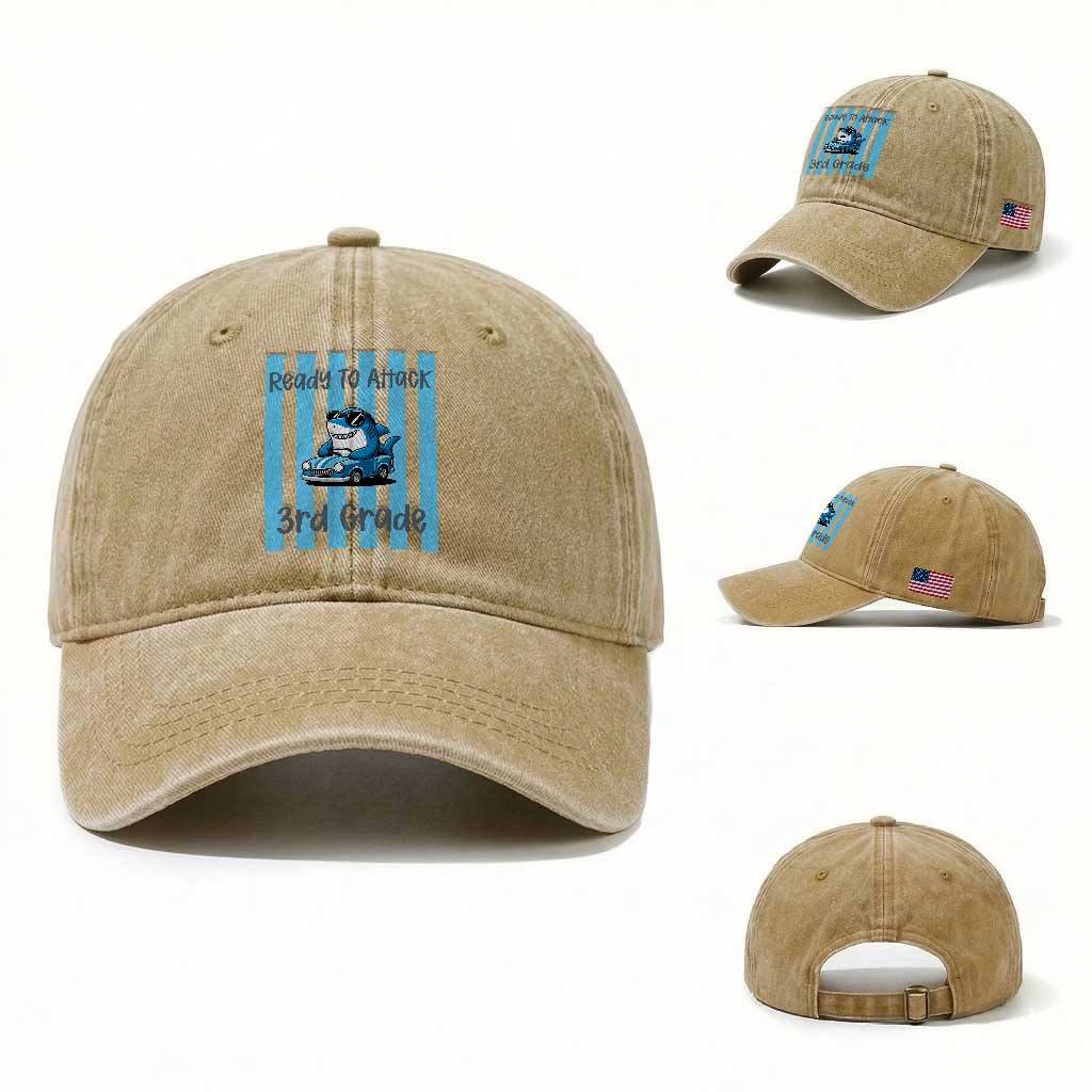 Ready To Attack 3rd Grade Washed Cotton Baseball Cap Funny Shark Driving Car Back To School TS12 Washed Cap Universal Fit Khaki Print Your Wear