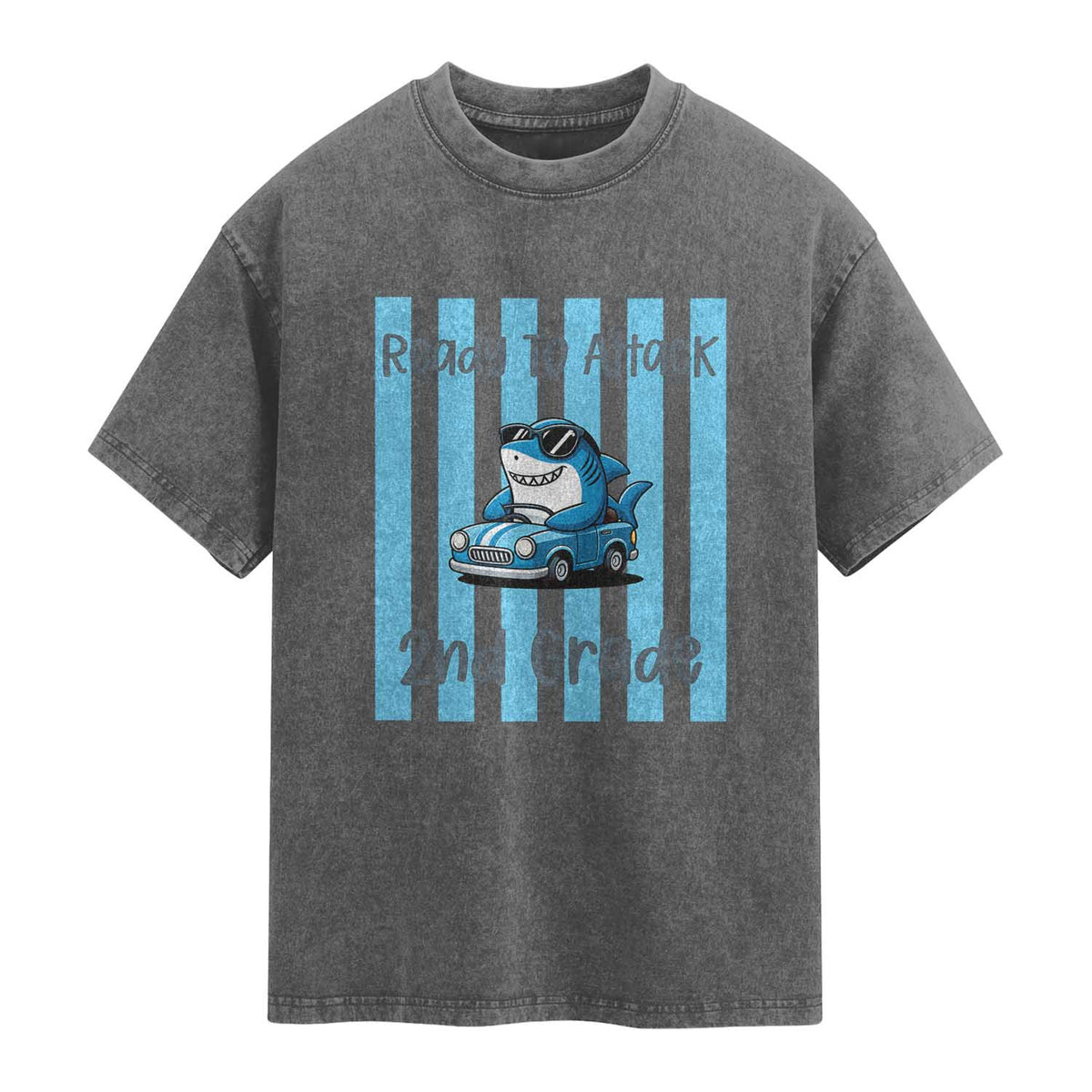 Ready To Attack 2nd Grade Washed Cotton T-Shirt Funny Shark Driving Car Back To School