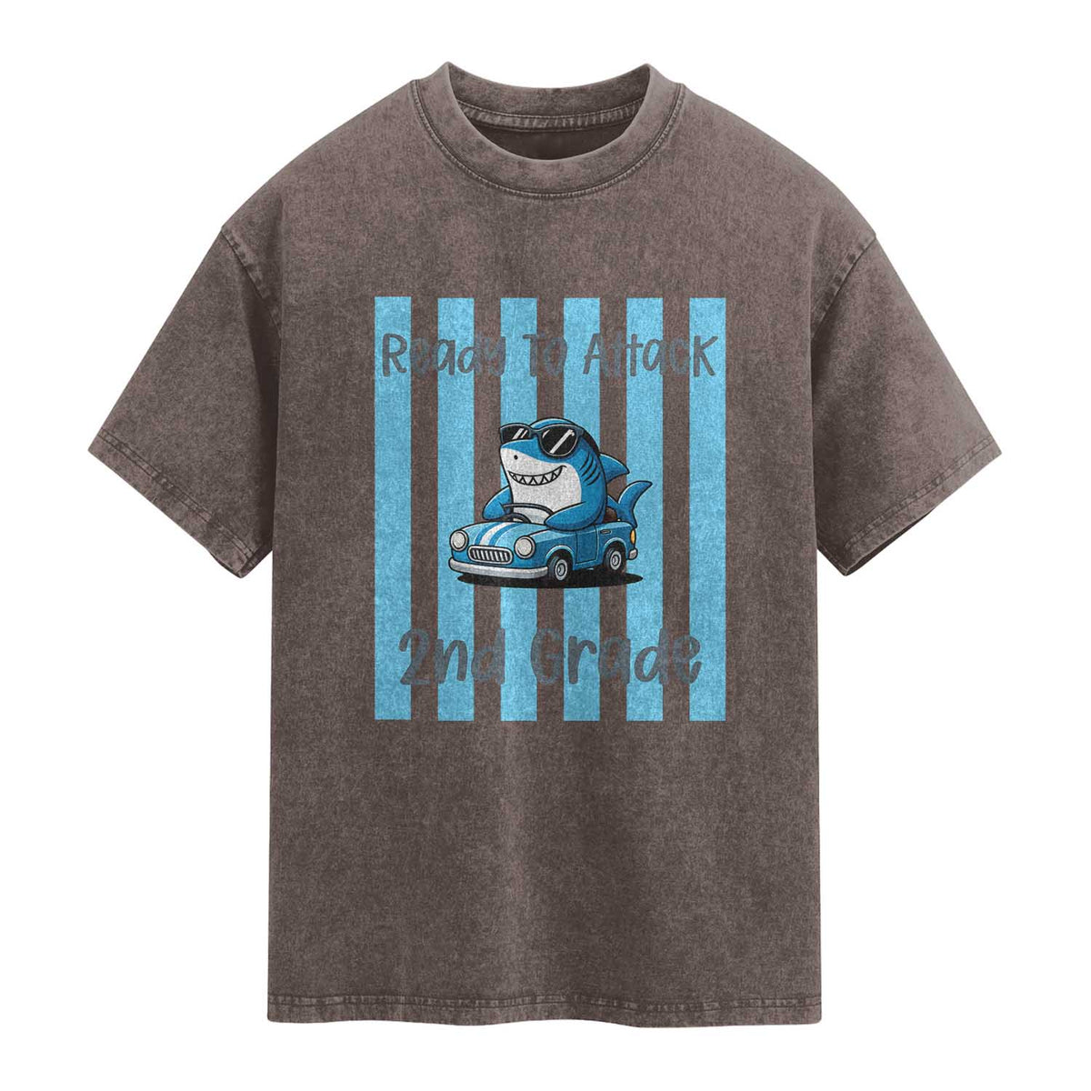 Ready To Attack 2nd Grade Washed Cotton T-Shirt Funny Shark Driving Car Back To School