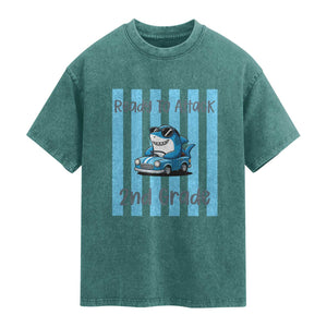 Ready To Attack 2nd Grade Washed Cotton T-Shirt Funny Shark Driving Car Back To School