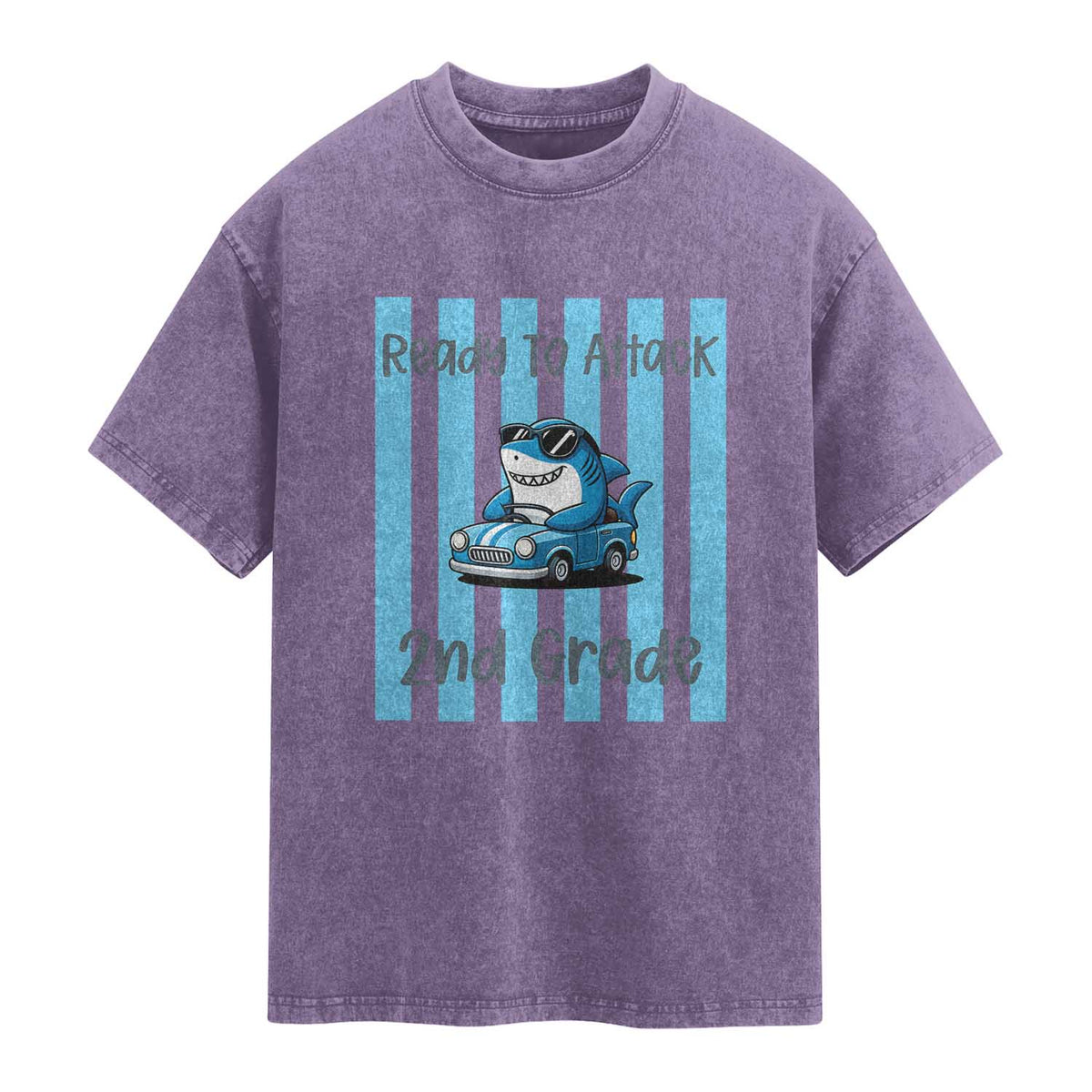 Ready To Attack 2nd Grade Washed Cotton T-Shirt Funny Shark Driving Car Back To School
