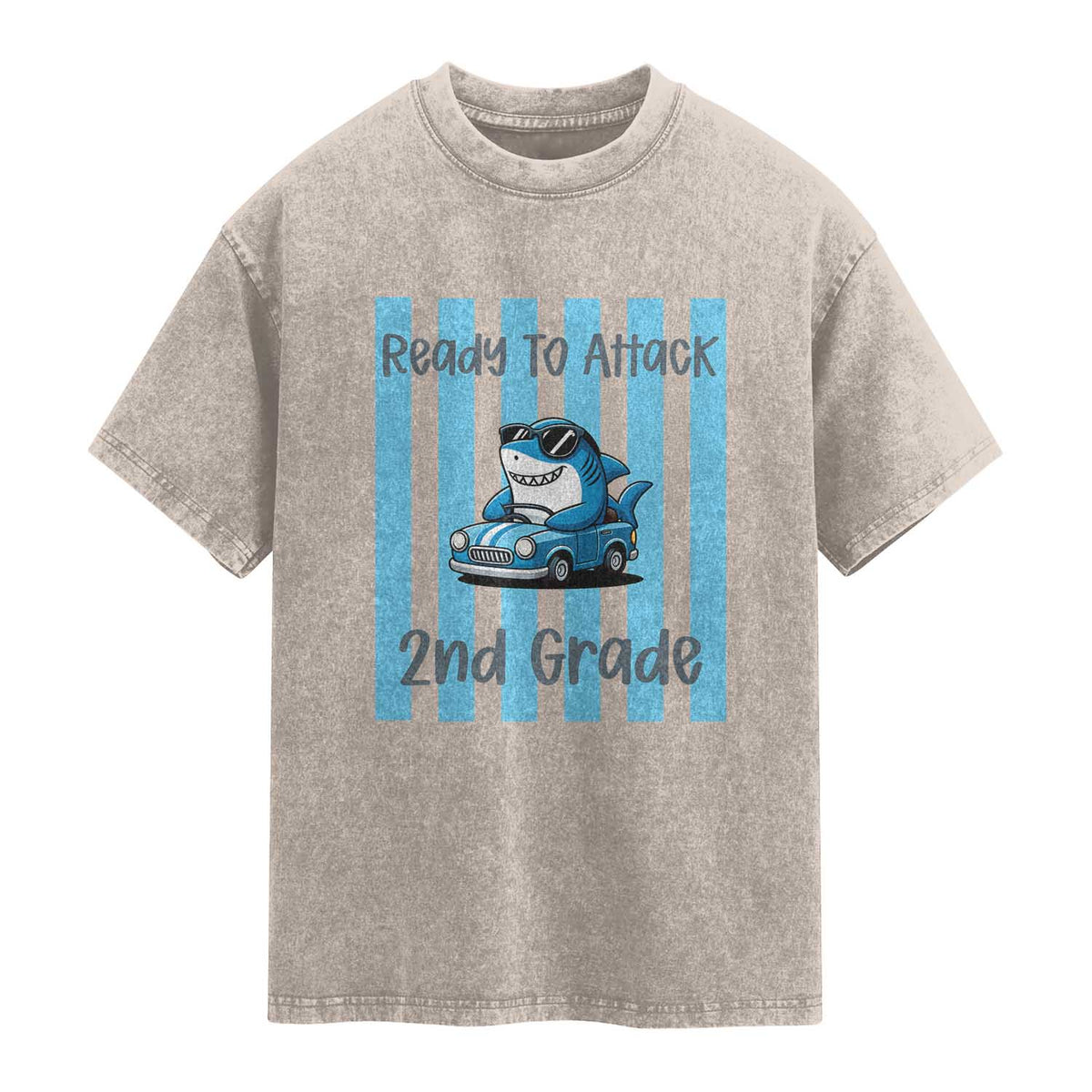 Ready To Attack 2nd Grade Washed Cotton T-Shirt Funny Shark Driving Car Back To School