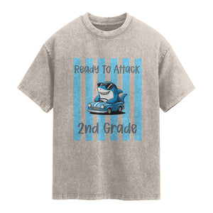 Ready To Attack 2nd Grade Washed Cotton T-Shirt Funny Shark Driving Car Back To School