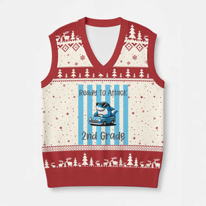 Ready To Attack 2nd Grade V-Neck Knit Sweater Vest Funny Shark Driving Car Back To School TS12 Beige Red Print Your Wear