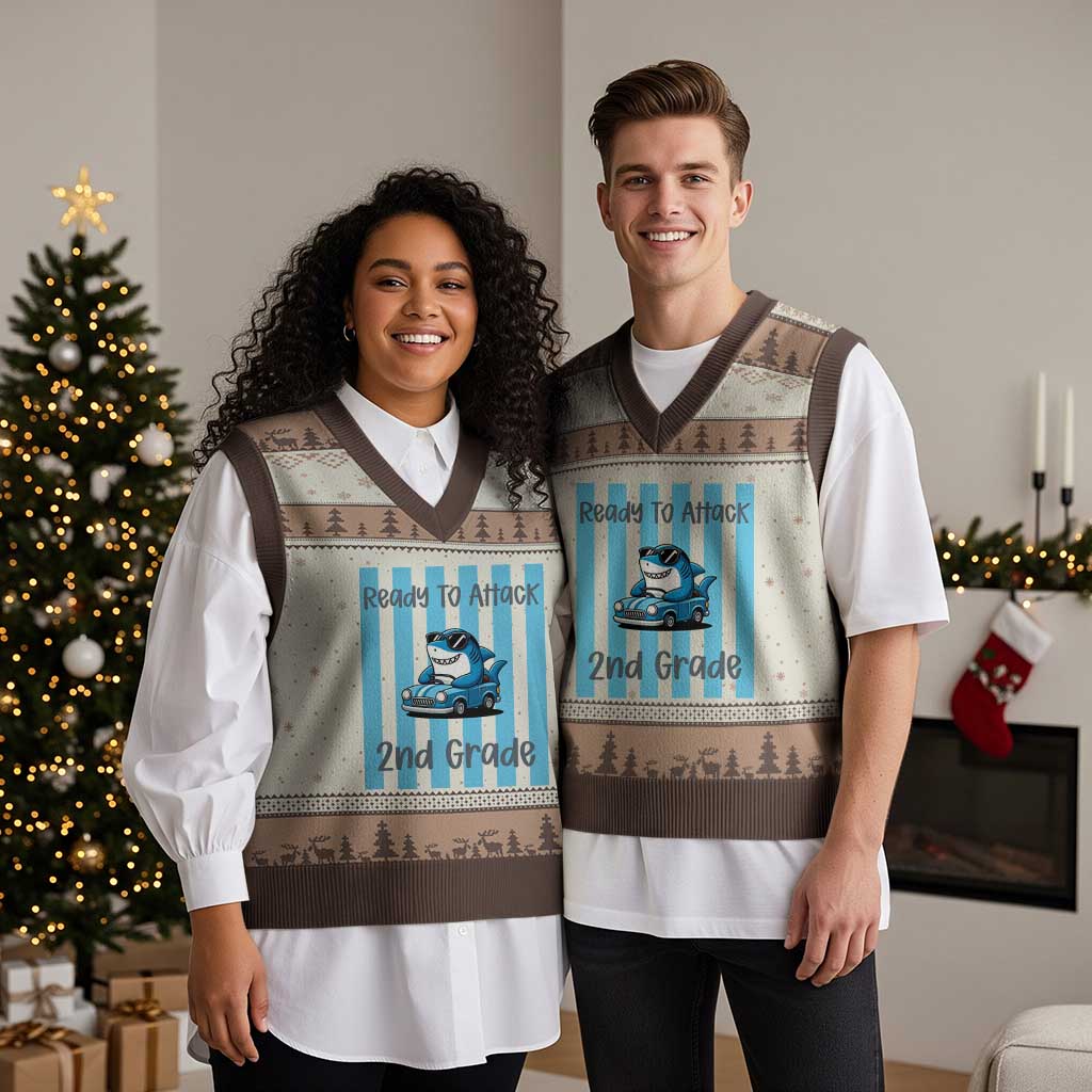 Ready To Attack 2nd Grade V-Neck Knit Sweater Vest Funny Shark Driving Car Back To School TS12 Mocha Mousse Print Your Wear