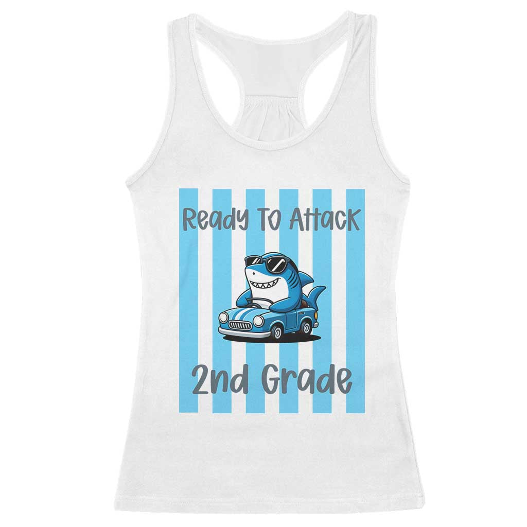 Ready To Attack 2nd Grade Racerback Tank Top Funny Shark Driving Car Back To School TS12 White Print Your Wear